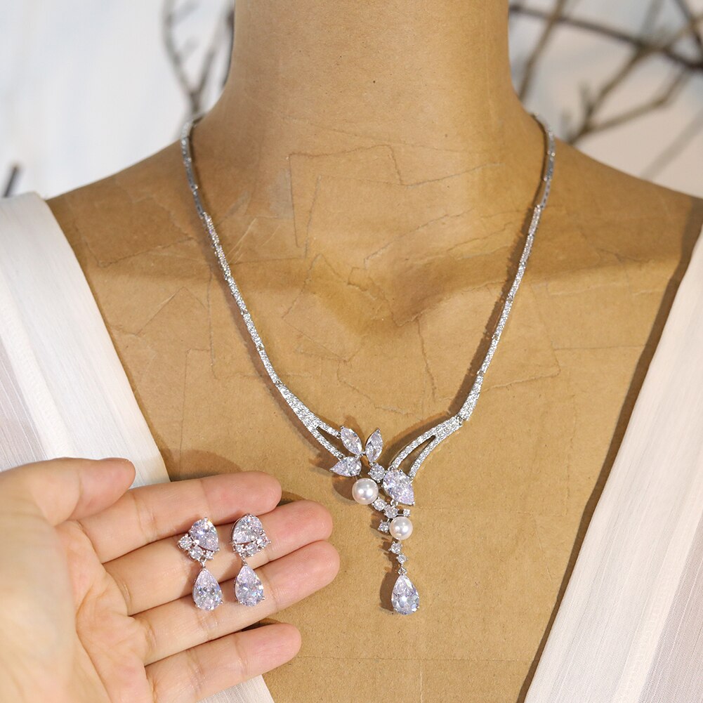 Collier De Mariée Blanc Et Bleu Marine – Parure De Bijoux Fantaisie Perles